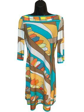 Donna Morgan Multicolor Abstract Print Dress 3/4 Sleeve Boat Neck Size 4 Polyest